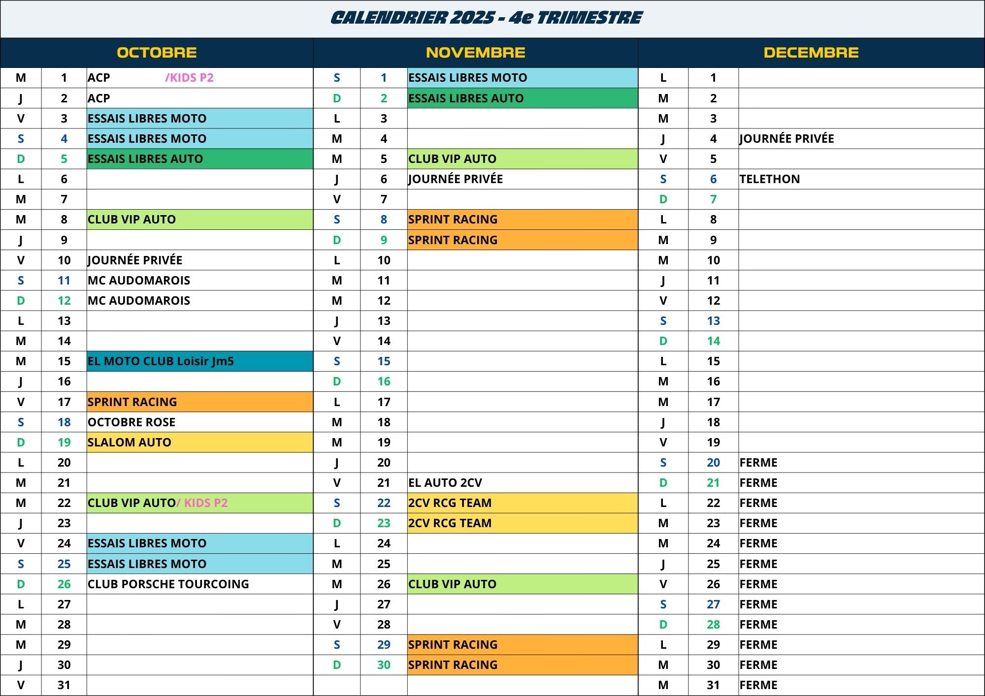 CALENDRIER 2025 - 4e TRIMESTRE