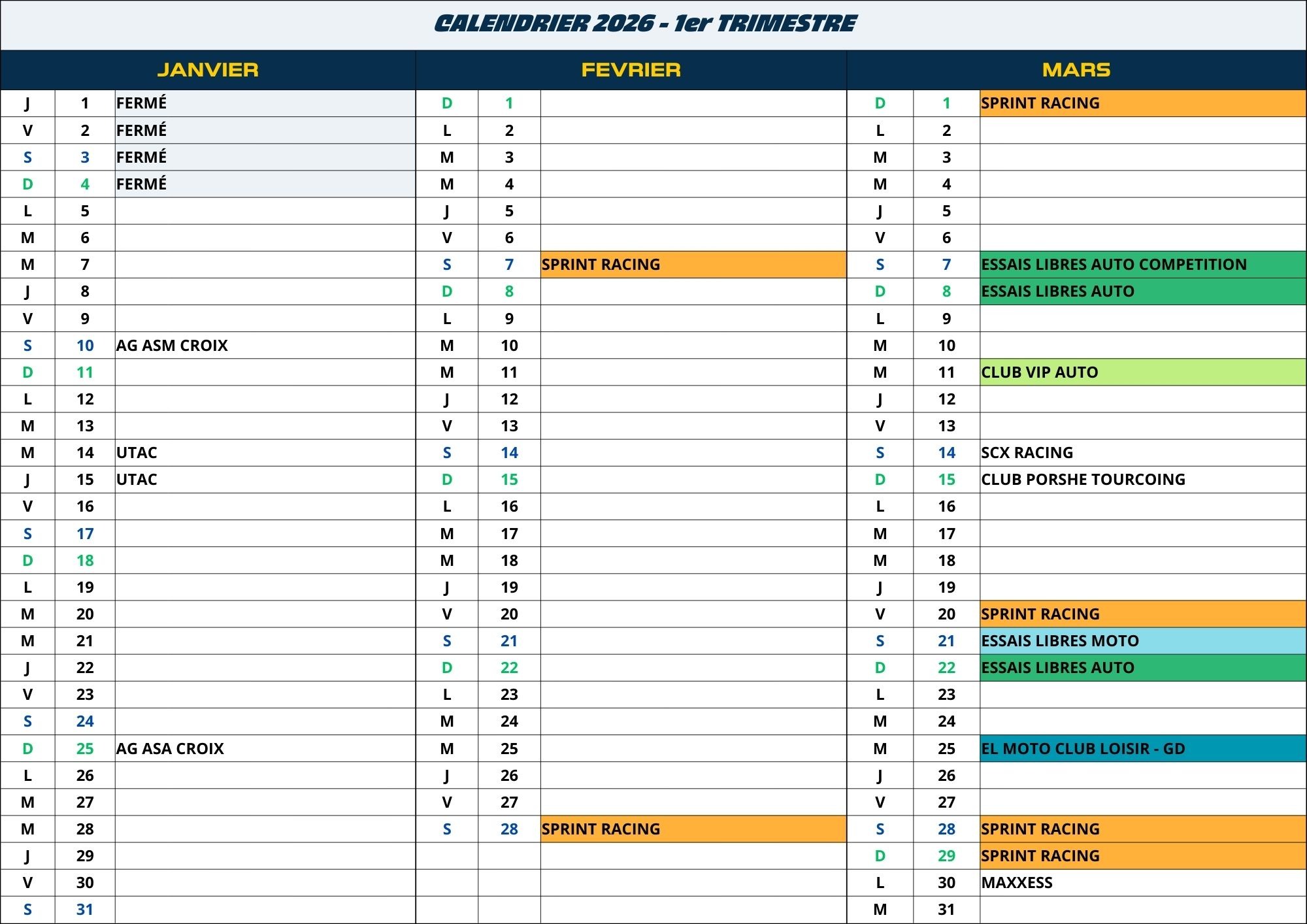 CALENDRIER 2026 - 1er TRIMESTRE