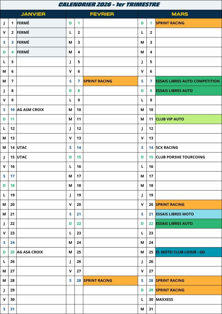 Calendrier 1 er Trimestre 2026