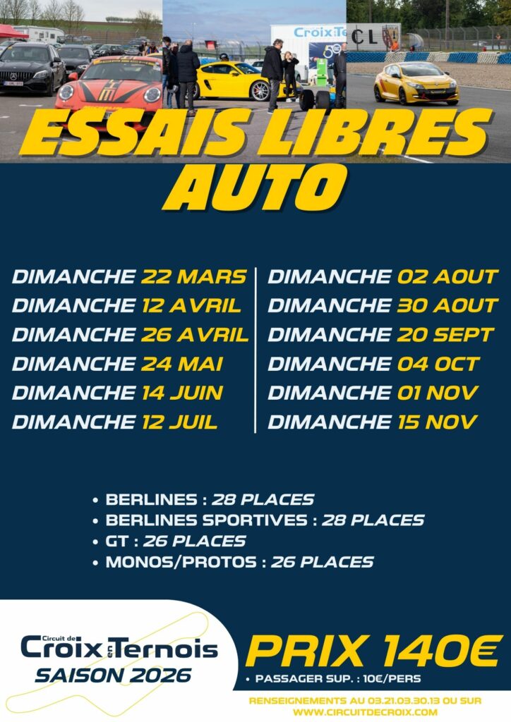 Dates des essais libres auto en 2026 au circuit de Croix en Ternois