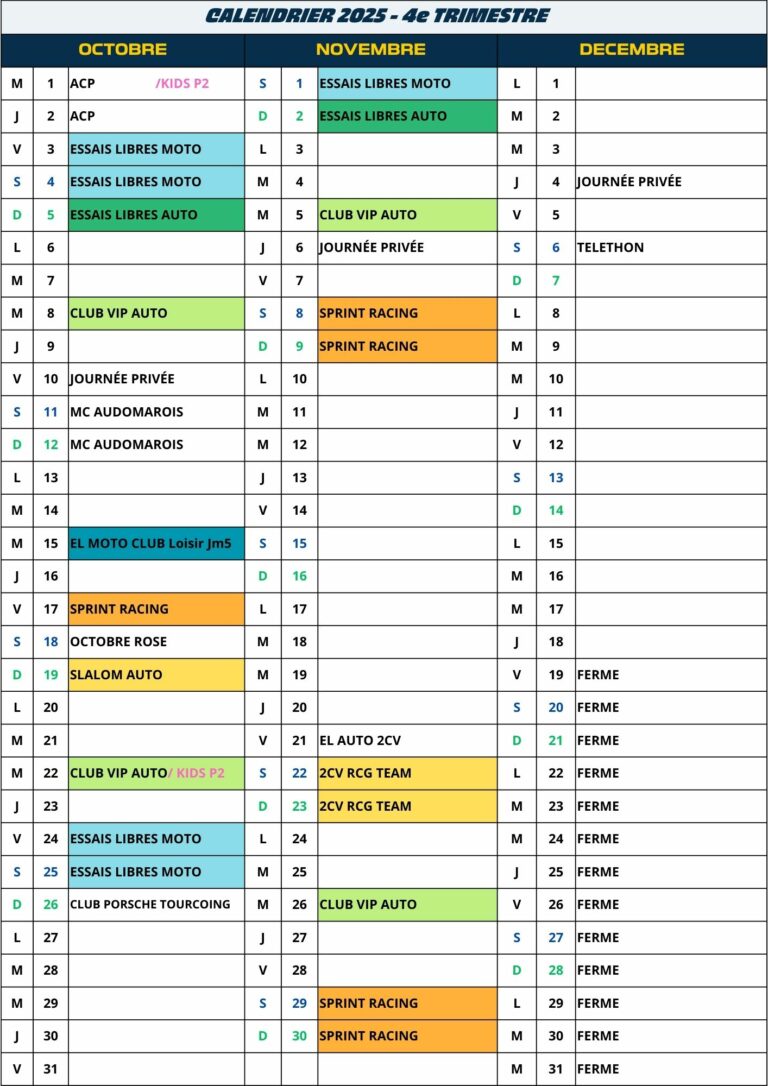 CALENDRIER 2025 - 4e TRIMESTRE TEL