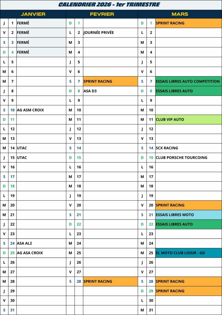 CALENDRIER 1ER TRIMESTRE 2026