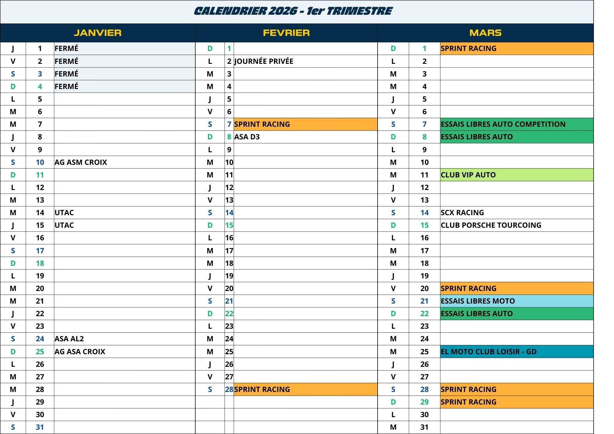 CALENDRIER 2026 - 1er TRIMESTRE