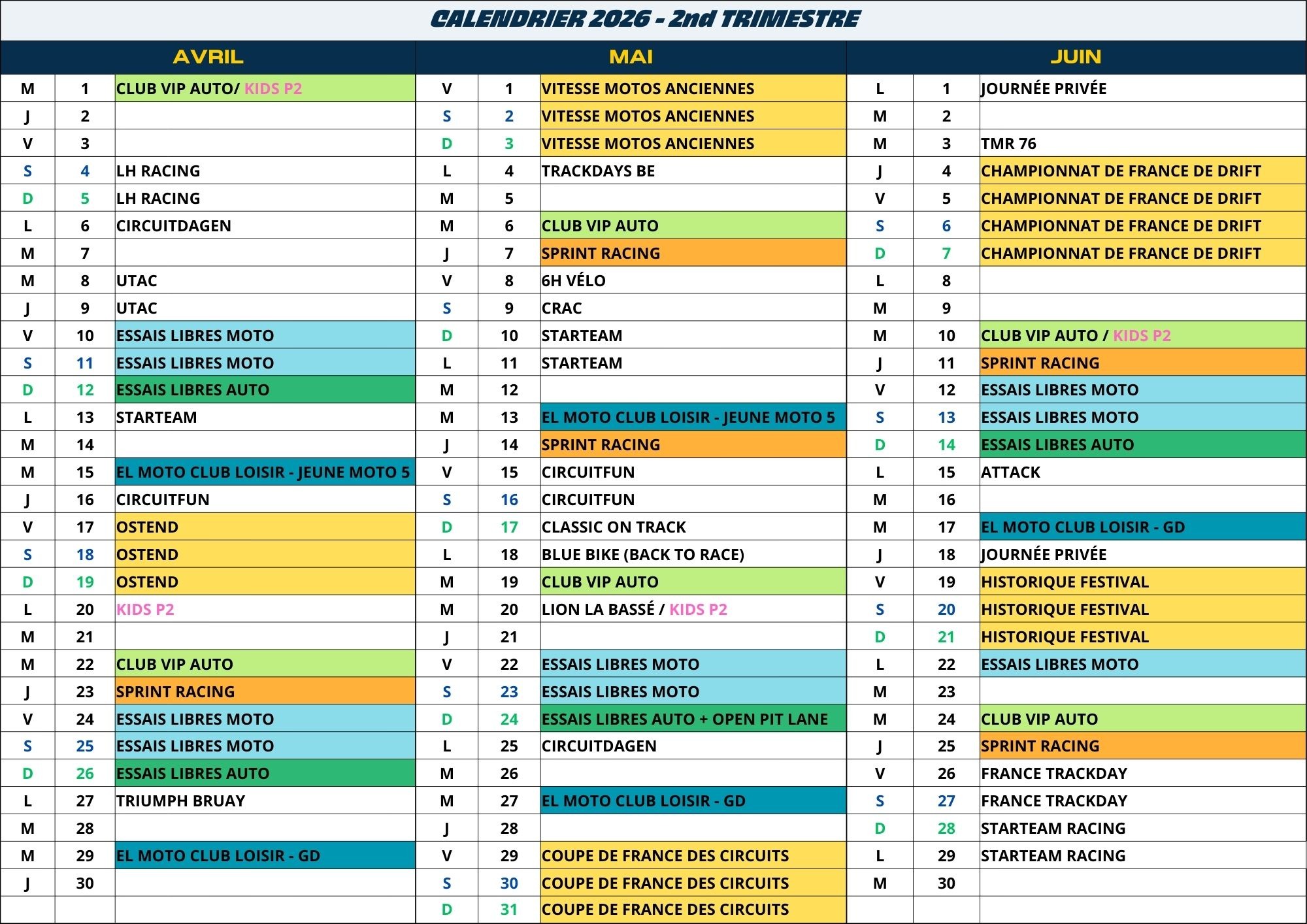 CALENDRIER 2026 - 2nd TRIMESTRE
