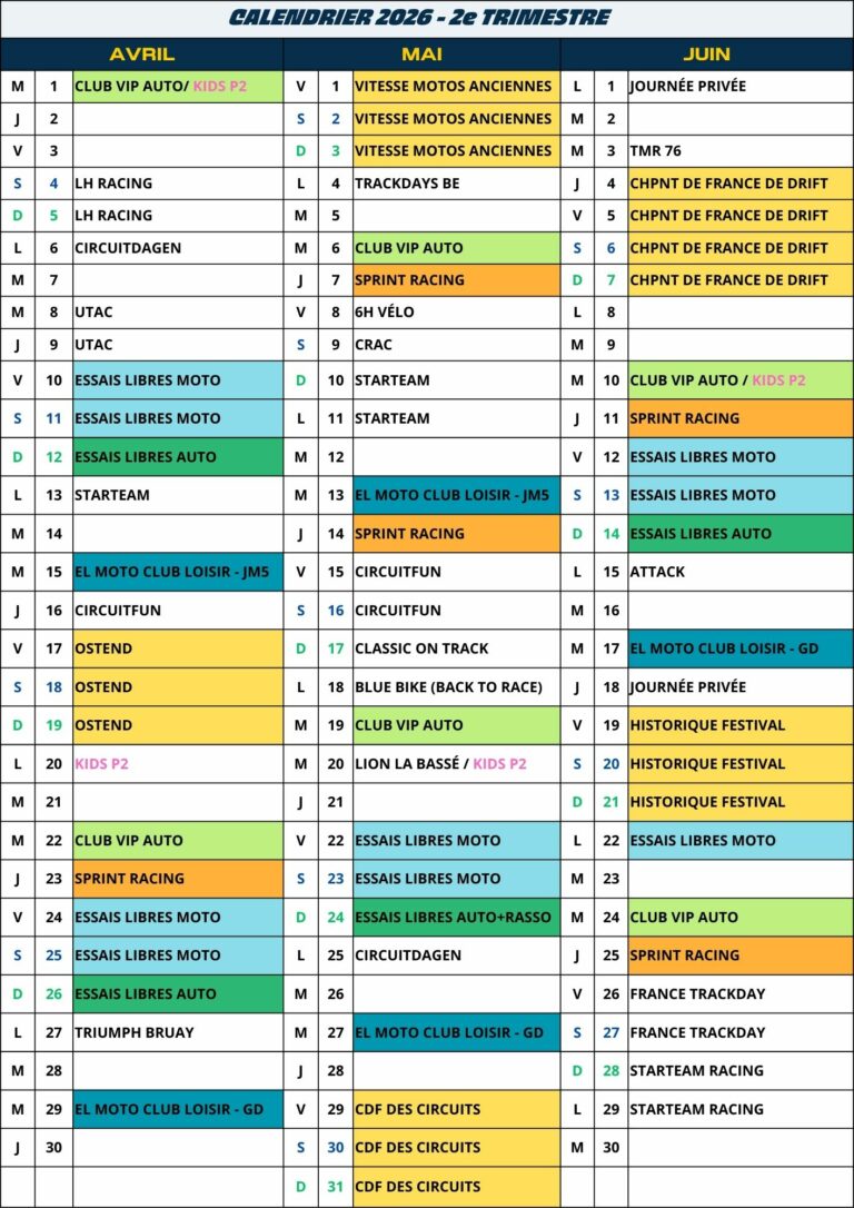 Calendrier 2ème trimestre 2026