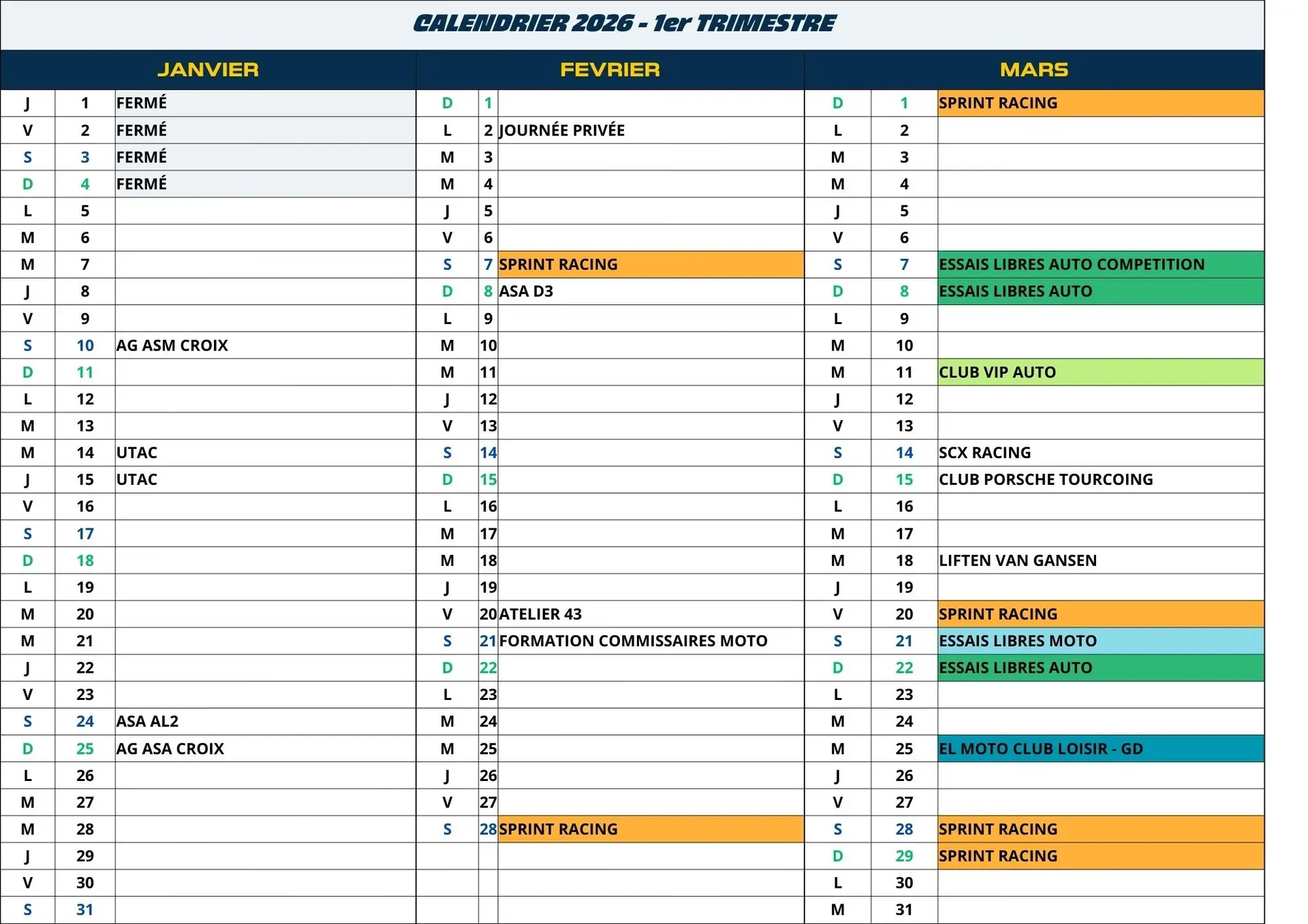 calendrier 2026 1er trimestre