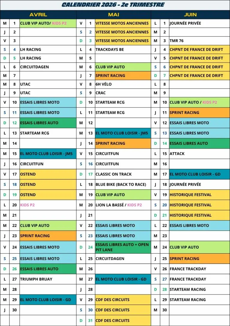 calendrier 2ème trimestre 2026
