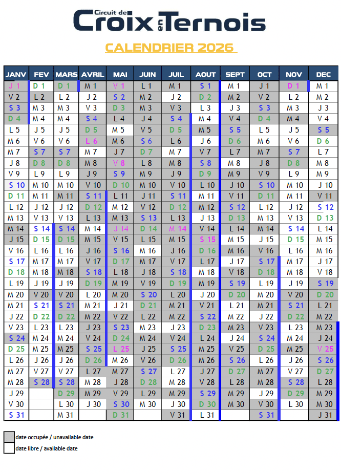 Dates disponibles Location de piste 2026
