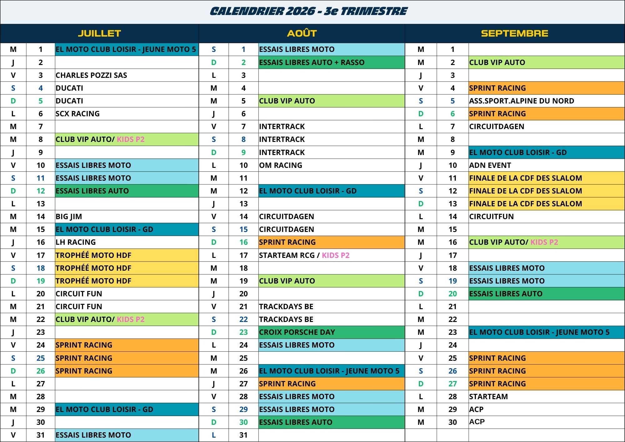 calendrier 2026 3e trimestre