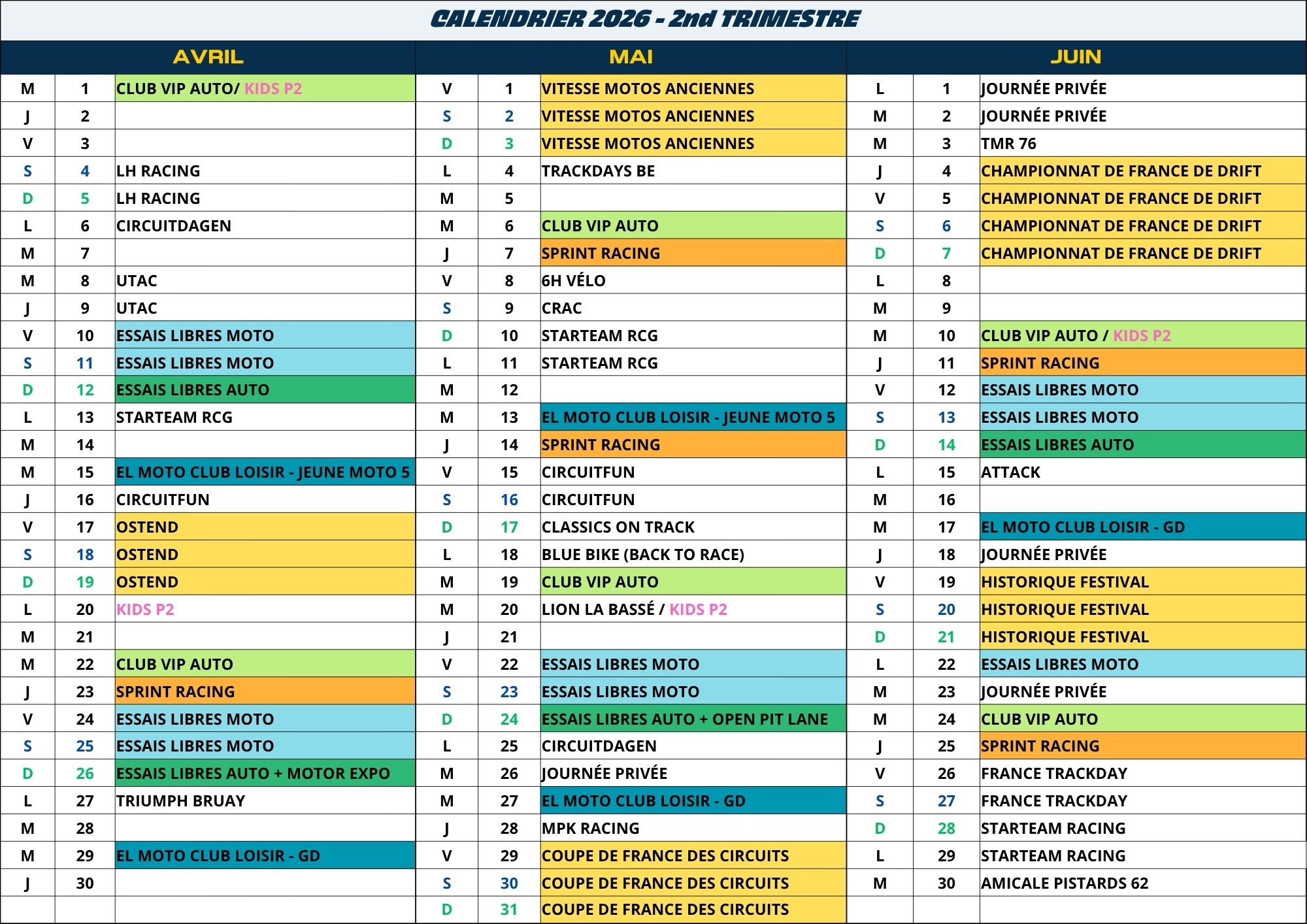 calendrier 2026 2nd trimestre