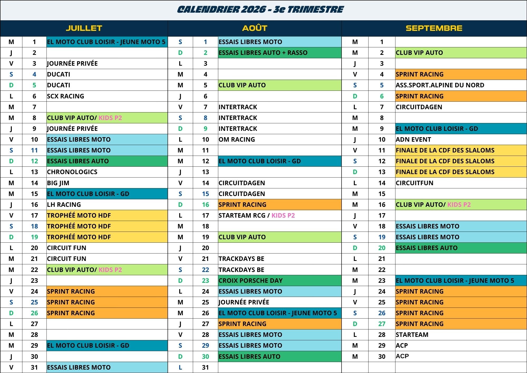 calendrier 2026 3e trimestre