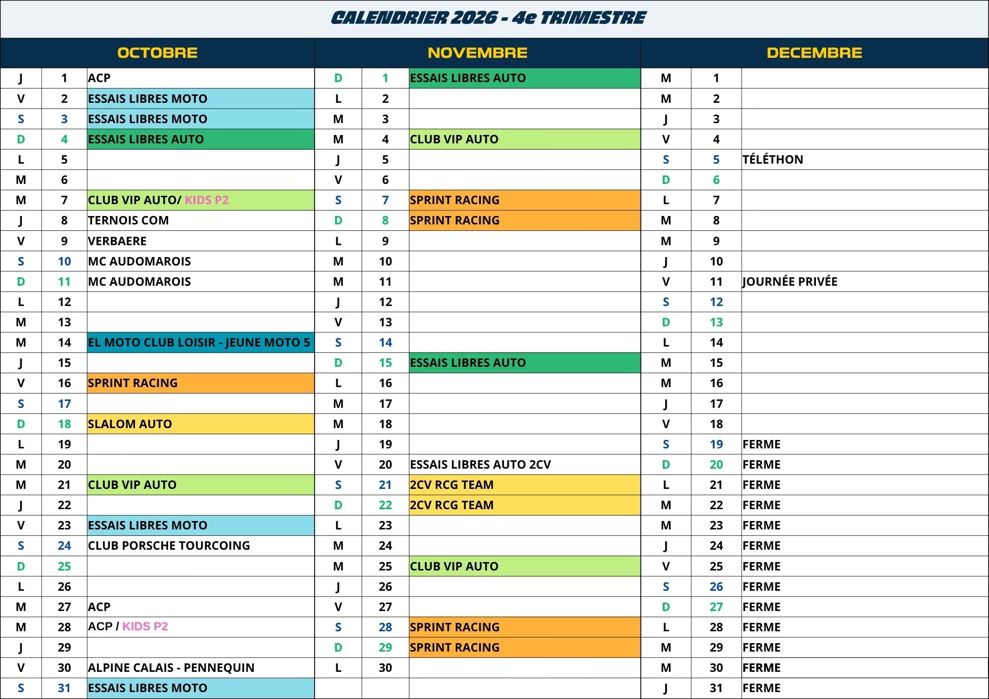 calendrier 2026 4e trimestre