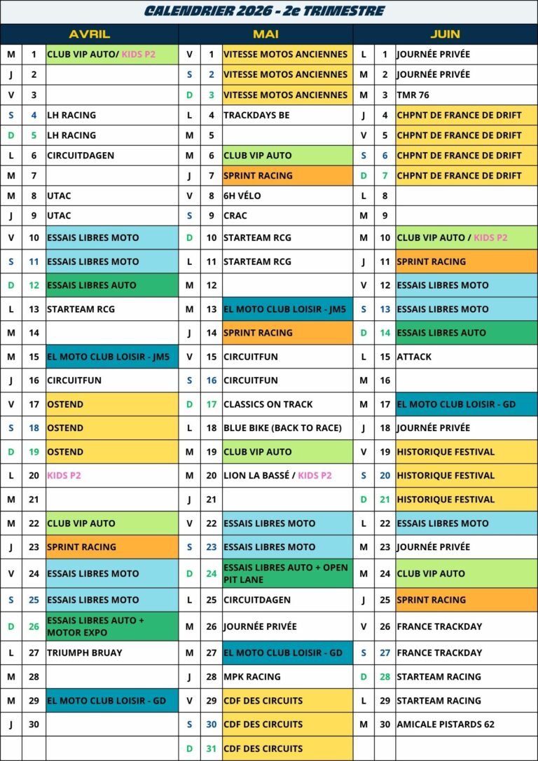 calendrier 2ème trimestre 2026