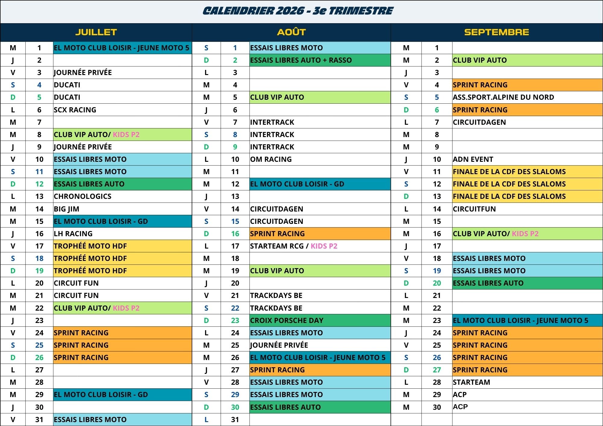calendrier 2026 3e trimestre