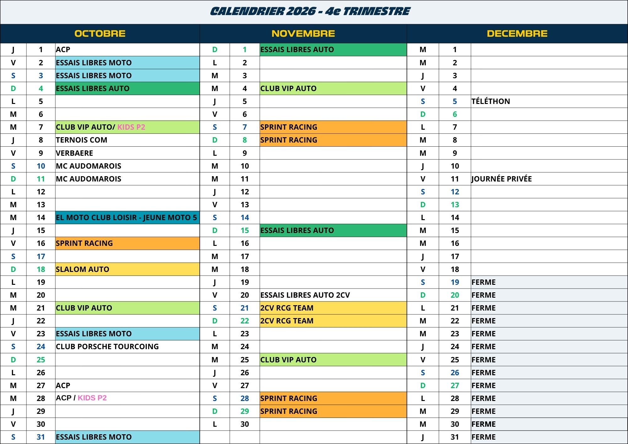 calendrier 2026 4e trimestre
